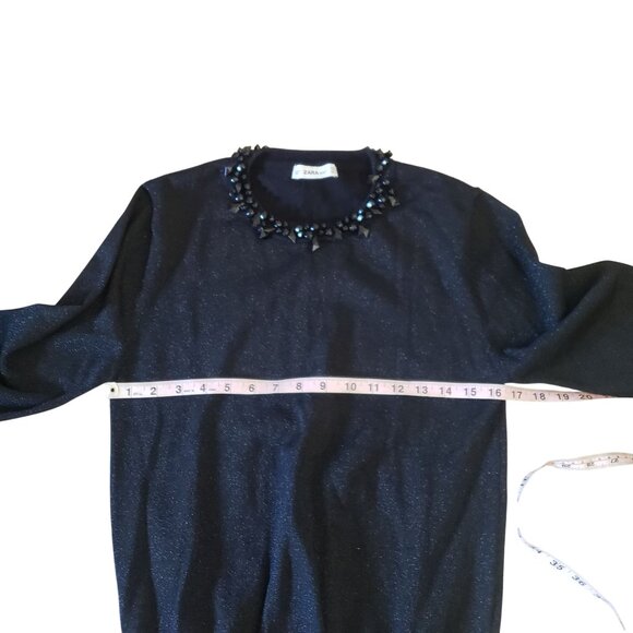 Zara‎ Black Knit Sweater Womens XL Jeweled Beaded Collar Metallic Party Shiny - Picture 7 of 8